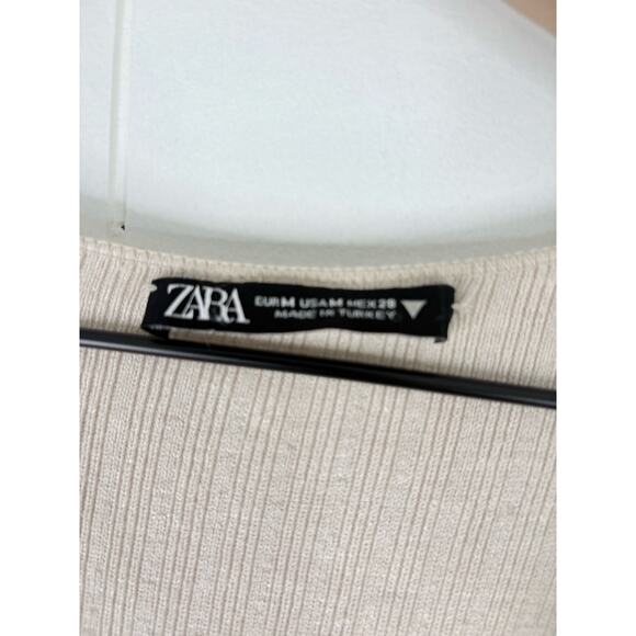 Zara Ribbed Bodycon Midi Dress Medium Cream Split Front Long Sleeve - Picture 10 of 10